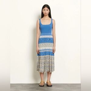 Sandro Blue and Cream Pleated Maxi Skirt